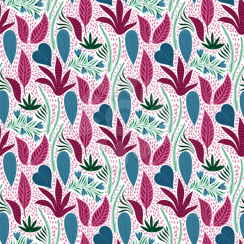 Vector Seamless Tough Floral Pattern with Flowers and Leaves. 