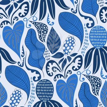 Vector Blue  Seamless Tough  Pattern with Flowers and Leaves. 