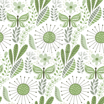 Vector Seamless Floral Pattern with Fantastic Flowers and Butterflies. Spring or Summer Greeting Card, Background, Print or Pattern. Floral wallpaper