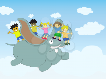 Royalty Free Clipart Image of Kids on a Flying Elephant