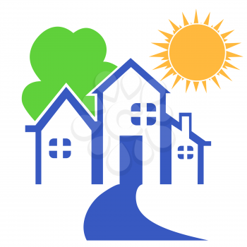 the symbol of house with tree and sun logo on white background