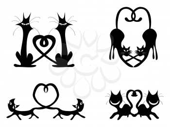 isolated black love heart cat couples set ,vector from white background
