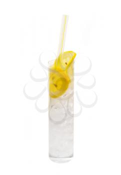 fresh lemonade drink with lemon slice closeup isolated on white