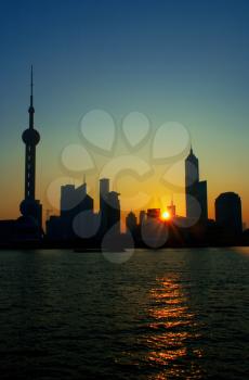 china shanghai pudong skyline at summer sunrise