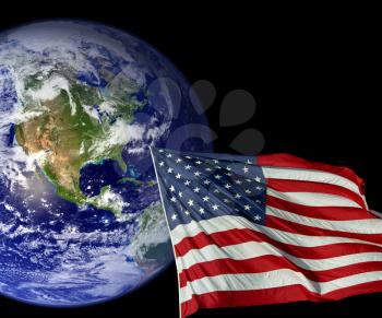 Royalty Free Photo of an American Flag and Planet Earth