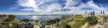 This is an 8 image aerial panoramic of the waterfront area of Embarcadero Park in San Diego, California, USA.