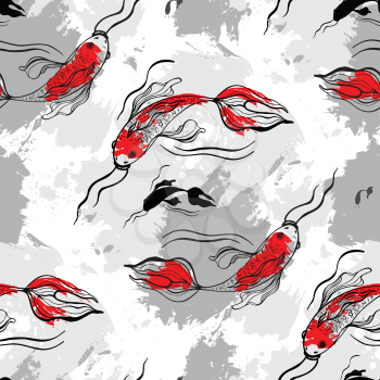 Koi fishes. Vector background in Japanese style. Seamless pattern.