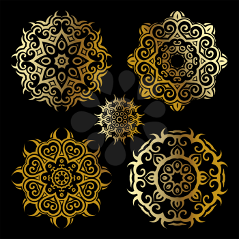 Gold mandala on black background. Ethnic vintage pattern collection.