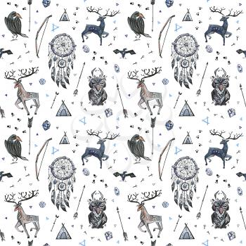 Tribal hand drawn background, ethnic seamless pattern with animals and dream catcher