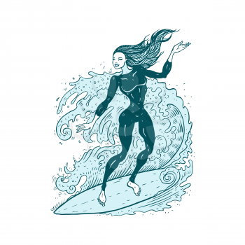 Beautiful woman on surf board. Surfer girl on the wave. Prints for T-shirts. Vector hand drawn illustration.