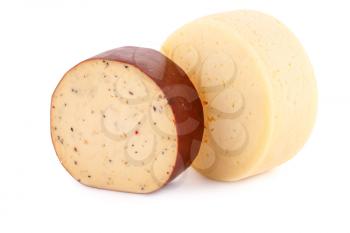 Two pieces of round cheese isolated on white background.