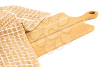 Wooden board and kitchen towel on white background.