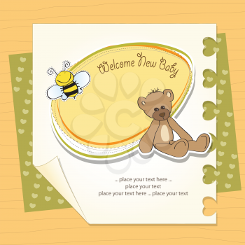 Royalty Free Clipart Image of a Baby Shower Background With a Bear and Bee