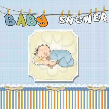 Royalty Free Clipart Image of a Baby Shower Background With a Baby in the Centre