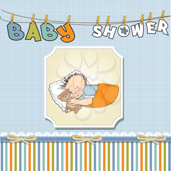 Royalty Free Clipart Image of a Baby Shower Card With a Sleeping Baby