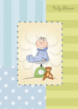 Royalty Free Clipart Image of a Baby Shower Invitation With a Baby on a Scale and a Teddy Bear