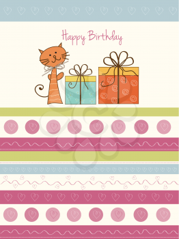 Royalty Free Clipart Image of a Birthday Card With a Cat and Gifts