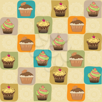 childish seamless pattern with cupcakes, vector illustration