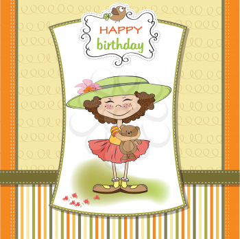 cute birthday greeting card with girl and her teddy bear