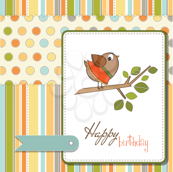 birthday greeting card with funny little bird, vector illustration