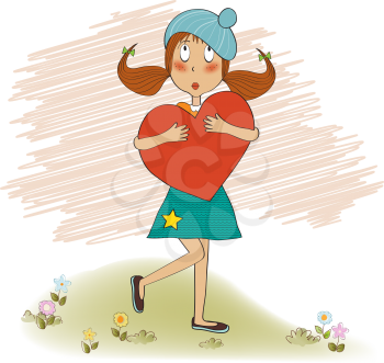 young girl holds a heart, vector illustration