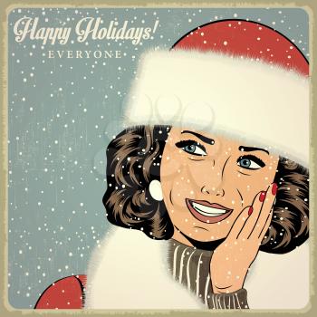 elegant young and happy woman in winter, retro Christmas card, vector illustration