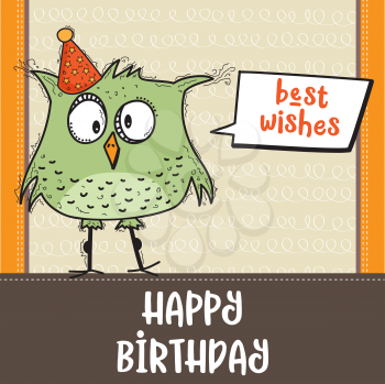 happy birthday card  with funny doodle bird, vector format