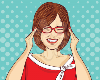 Amused pop art woman  with eyeglasses. Comic woman . Pin up girl. Vector illustration