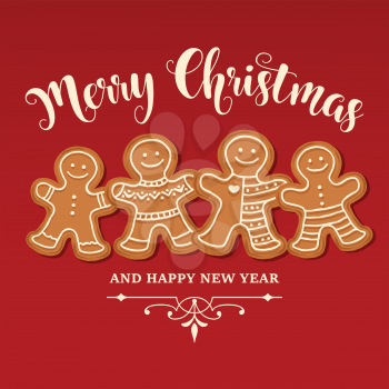 Beautiful Christmas card with gingerbread family. Christmas poster. Print. Vector