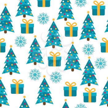 Christmas seamless pattern with Christmas trees, presents and snwflakes for Christmas background,  wrapping paper, print. Vector