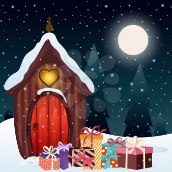 Magical Christmas scene with gnome house and presents