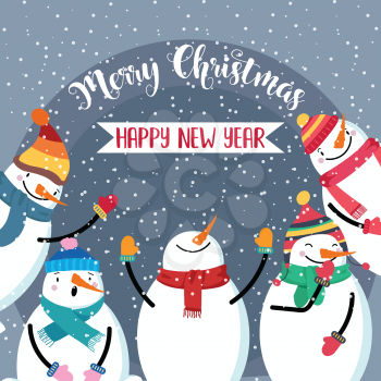 Christmas card with cute snowman and wishes. Flat design. Vector