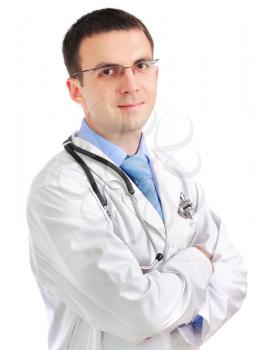 Portrait of friendly medical doctor with cross a hands. Isolated