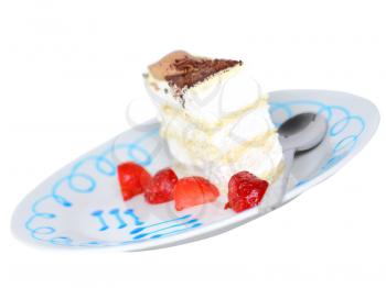 Sponge cakes, frozen strawberry with cup of coffee on plate with fruit-juice decoration . Isolated