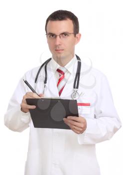  Portrait of medical doctor. Write on paper pad. Isolated over white
