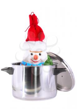 New Year decoration- snowman in saucepan. Isolated over white