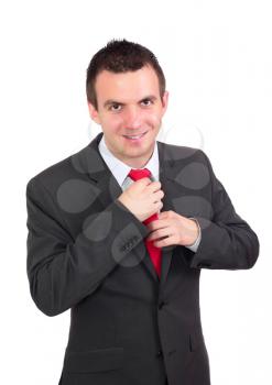 Portrait of cheerful  businessman in suite. Isolated over white.