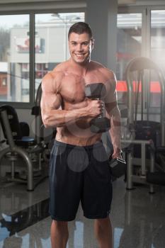 Young Physically Bodybuilder Working Out Biceps - Dumbbell Concentration Curls