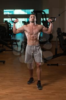 Young Muscular Fitness Bodybuilder Doing Heavy Weight Exercise For Biceps On Machine With Cable In The Gym