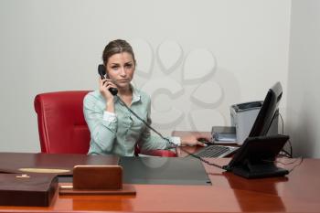 Beautiful Young Woman Working On Computer And Talking On Phone- Businesswoman Working Online