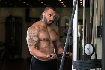 Big Tattooed Man In The Gym Is Exercising Biceps On Machine - Muscular Athletic Bodybuilder Model Exercise In Fitness Center