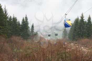 Trebevicka Zicara, Sarajevo, Bosnia and Herzegovina - April 05 2018: Exercise on Gondola Lift Car - Alpinist Is Rescue People From Gondola That Are Stuck