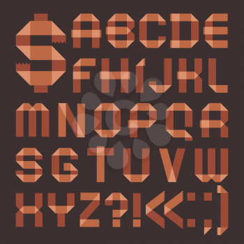 Font from brownish scotch tape -  Roman alphabet (A, B, C, D, E, F, G, H, I, J, K, L, M, N, O, P, Q, R, S, T, U, V, W, X, Y, Z).