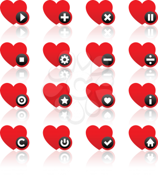 Icons set - red hearts and black buttons. Vector illustration