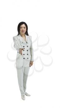 Asian woman dressed in business formal white outfit with hand extended on white background