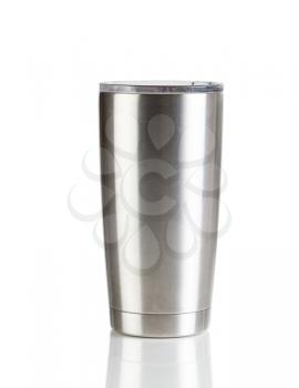 Stainless steel cup isolated on a white background with reflection 