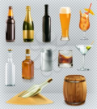 Bottles and glasses alcohol drink. 3d vector icons set