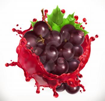 Red wine and grapes. Fresh fruit, 3d vector icon
