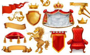 Gold crown of the king. Royal chair, mantle, pillow. 3d vector icon set