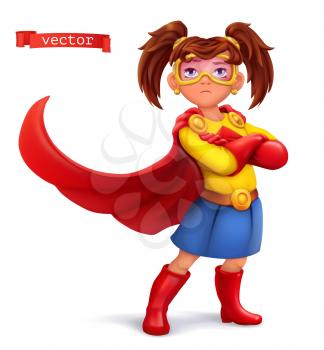 Little girl in superhero costume with red coats. Comic character, vector illustration